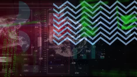 Animation-of-zigzag-lines-over-interface-with-world-map-and-processing-data