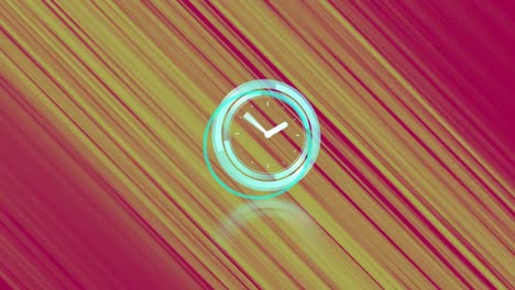 Digital-animation-of-neon-ticking-clock-against-yellow-light-trails-on-red-background
