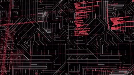Animation-of-data-processing-over-integrated-circuit-in-red-and-black-space