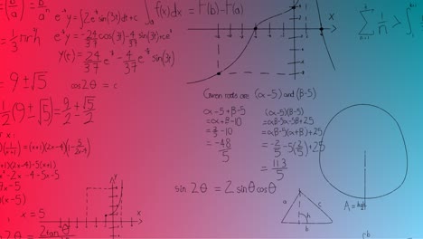 Animation-of-handwritten-mathematical-formulae-over-blue-to-pink-background