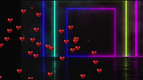 Animation-of-hearts-over-neon-squares-on-black-background
