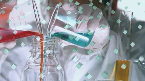 Animation-of-rows-of-green-cubes-over-scientist-pouring-liquid-into-laboratory-beaker