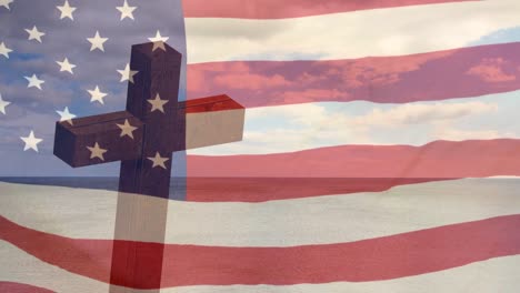 Animation-of-christian-cross-and-clouds-over-waving-flag-of-usa