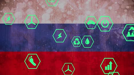 Animation-of-icons-in-hexagons-over-flag-of-russia