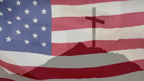 Animation-of-christian-cross-over-waving-flag-of-usa