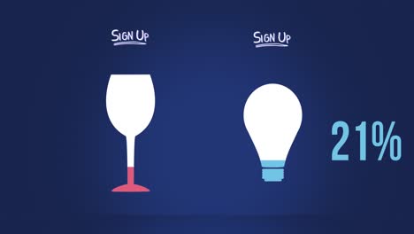 Animation-of-sign-up-text,-wine-glass-and-light-bulb-with-percent-growing-on-blue-background