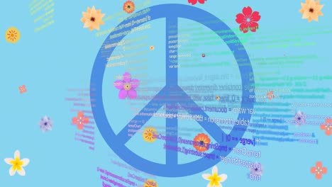 Animation-of-flowers-and-data-processing-over-blue-background-with-peace-symbol
