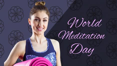 Animation-of-world-meditation-day-text-with-caucasian-woman-with-yoga-mat-on-blue-background
