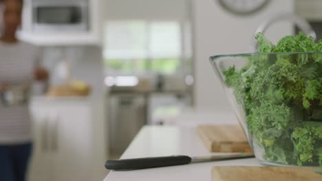 Video-of-bowl-with-salad-and-utensils-lying-on-countertop-in-kitchen