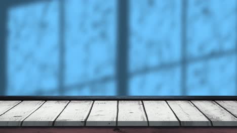 Animation-Von-Blättern-Und-Fensterschatten-Auf-Blauem-Und-Hölzernem-Hintergrund