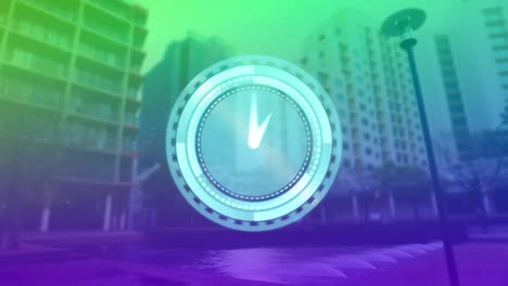 Animation-of-clock-moving-over-cityscape-in-green-and-violet