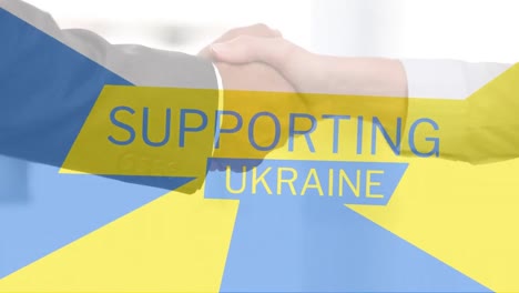 Animation-of-caucasian-business-people-shaking-hands-over-supporting-ukraine-text
