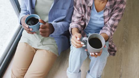 Video-Des-Mittelteils-Eines-Afroamerikanischen-Paares,-Das-Zu-Hause-Kaffee-Trinkt-Und-Redet