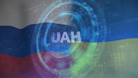 Animation-of-scan-scope-and-uah-text-over-ukrainian-and-russian-flags