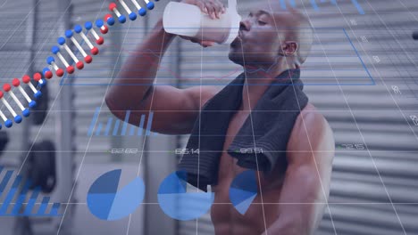 Animation-Von-DNA-Und-Grafiken-über-Einem-Glücklichen-Afroamerikanischen-Mann,-Der-Wasser-Trinkt-Und-Sich-Im-Fitnessstudio-Ausruht