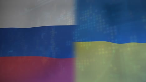 Animation-of-scan-scope-and-6g-text-over-ukrainian-and-russian-flags