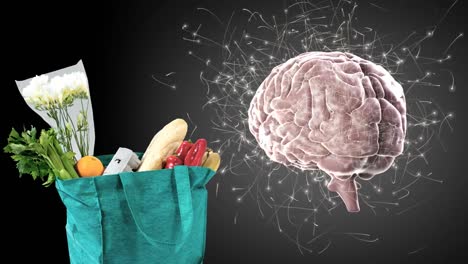 Animation-of-brain-rotating-over-black-background-with-bag-with-groceries