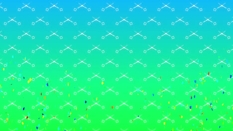 Animation-of-squares-and-confetti-over-blue-and-green-background