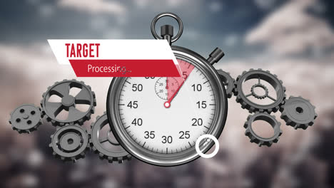 Animation-of-target-processing-over-moving-clock,-cogs-and-sky