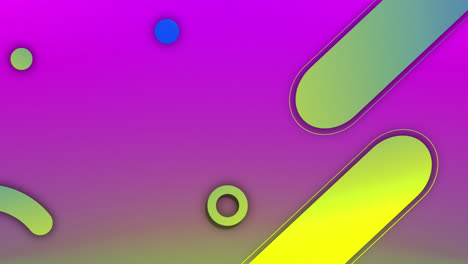 Animation-of-yellow-and-green-shapes-floating-over-pink-background