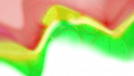 Animation-Von-Uhren,-Die-Sich-über-Einen-Roten,-Gelben-Und-Grünen-Hintergrund-Bewegen