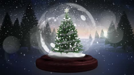 Animation-of-snowball-globe-with-christmas-tree-over-winter-scenery