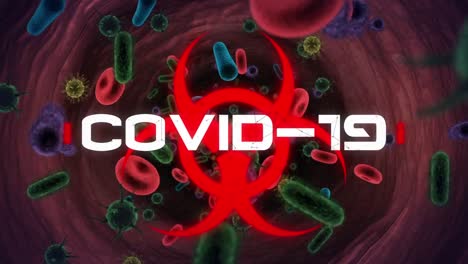 Covid-19-text-over-biohazard-symbol-against-covid-19-cells-and-blood-vessels-floating