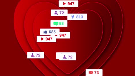 Animation-of-hearts-and-social-media-reactions-over-red-background