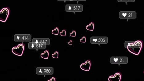 Animation-of-hearts-and-social-media-reactions-over-black-background