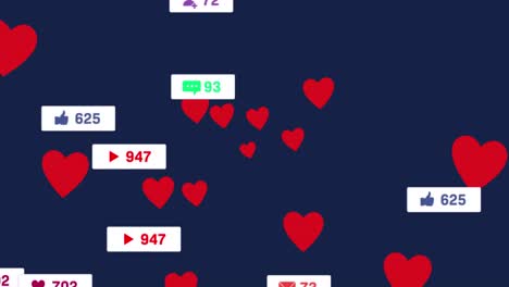 Animation-of-hearts-and-social-media-reactions-over-navy-background