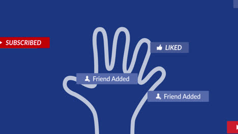Animation-of-hand-and-social-media-reactions-over-blue-background