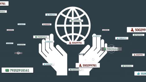 Animation-of-hands,-globe-and-social-media-reactions-over-grey-background