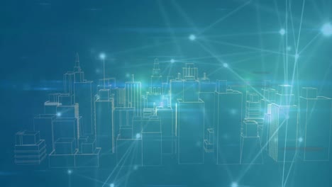 Netzwerk-Von-Verbindungen-über-Sich-Drehendem-3D-Stadtbild-Vor-Blauem-Hintergrund