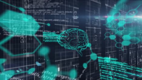 Menschliches-Gehirn,-Chemische-Strukturen-Und-Datenverarbeitung-Vor-Blauem-Hintergrund