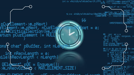 Animation-of-clock-moving-over-data-processing-on-blue-background