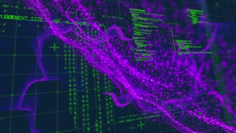 Ondas-Digitales-Púrpuras-Contra-El-Procesamiento-De-Datos-A-Través-De-La-Red-Grid-Sobre-Fondo-Azul