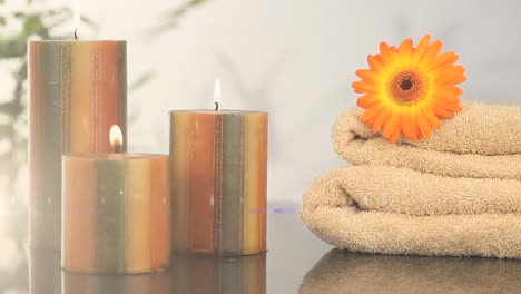 Animation-of-light-spots-over-candles-and-towel-with-flower