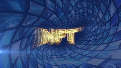 Animation-of-nft-over-tunnel-made-of-blue-digital-screens