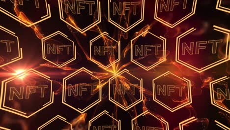 Animation-of-nft-in-hexagons-over-black-background-with-yellow-lights