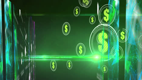 Animation-of-dollars-in-circles-over-shapes-on-green-background-with-lights