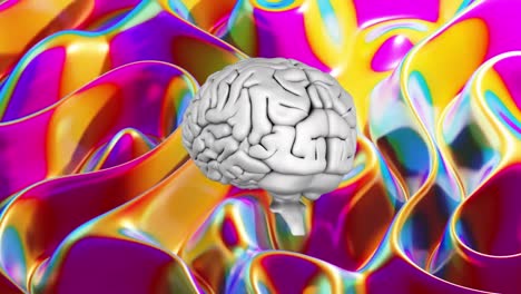 Human-brain-icon-spinning-against-colorful-metallic-liquid-effect-background