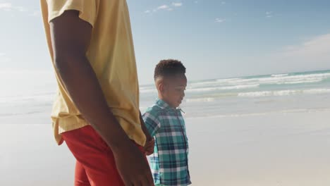African-american-son-holding-his-father's-hand-while-walking-on-the-beach