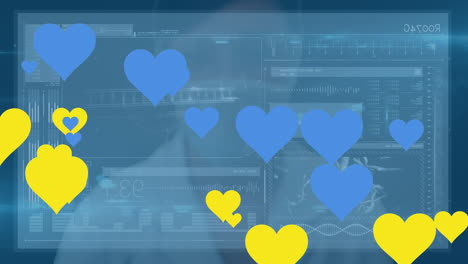 Animation-Der-Datenverarbeitung-Und-Blaue-Und-Gelbe-Herzen-über-Einer-Biracial-Frau