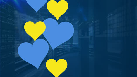 Animation-of-data-processing-and-blue-and-yellow-hearts-over-cityscape