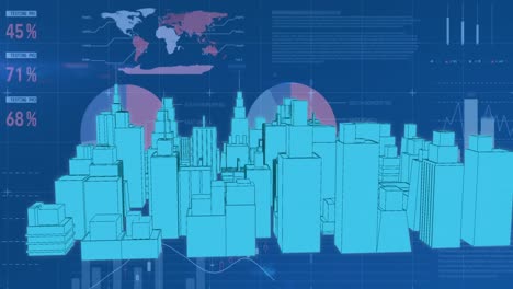 Animation-of-digital-city-over-data-processing-on-blue-background