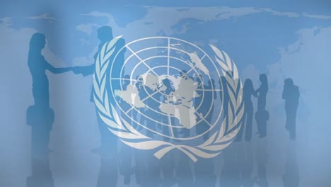 Animation-of-united-nations-flag-over-world-map-and-businesspeople