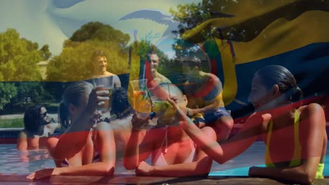 Animation-of-flag-of-ecuador-over-happy-caucasian-female-friends-having-fun-at-swimming-pool