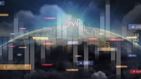 Animation-of-globe-and-social-media-reactions-over-cityscape