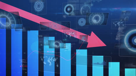 Animation-of-arrow-and-financial-graphs-over-navy-background-with-circles-on-screens