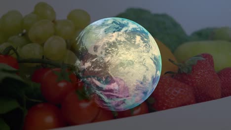 Animation-of-globe-over-plate-with-fruits-and-veggies